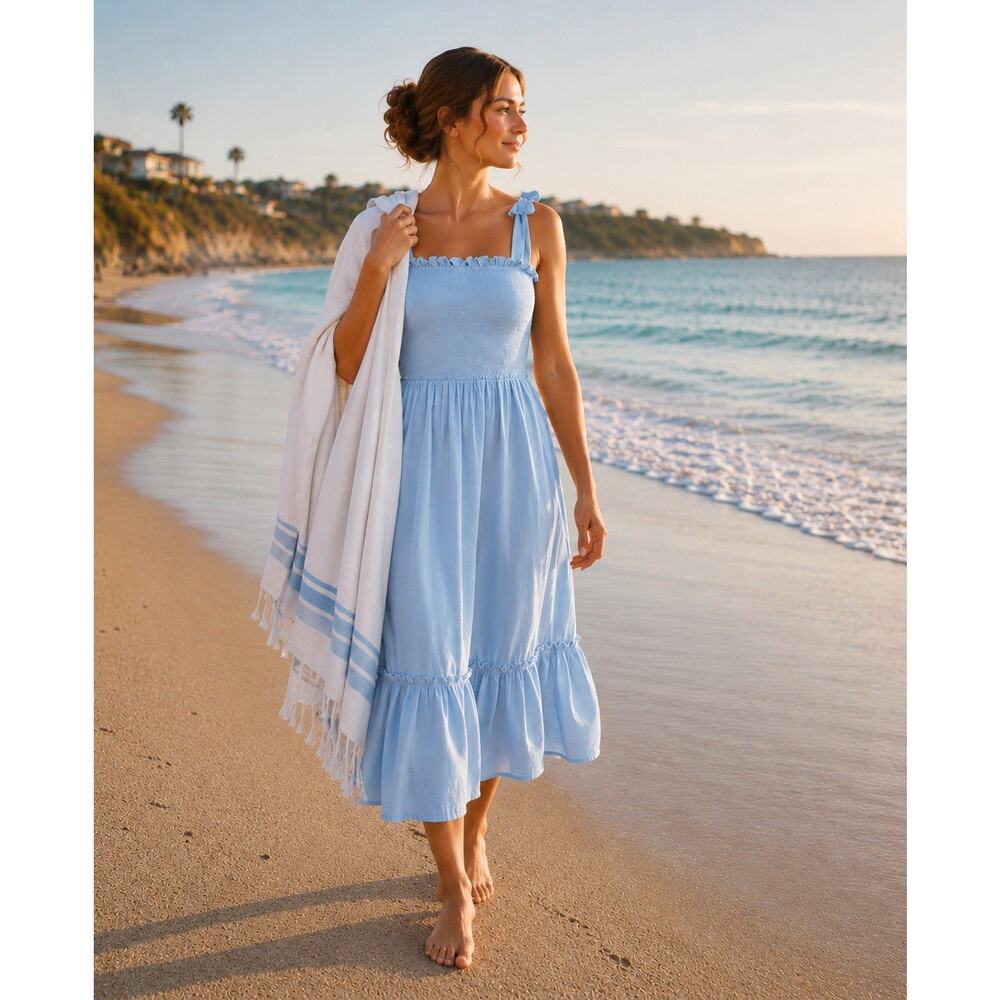 NEW Sz LARGE Summer Boho Sundress, Cotton Linen-Look, Tie-straps, Ruffle, BLUE